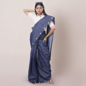Kantha Grid Denim Saree Blouse Combo