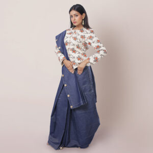Floral Linen Luxe Denim Saree Blouse Combo